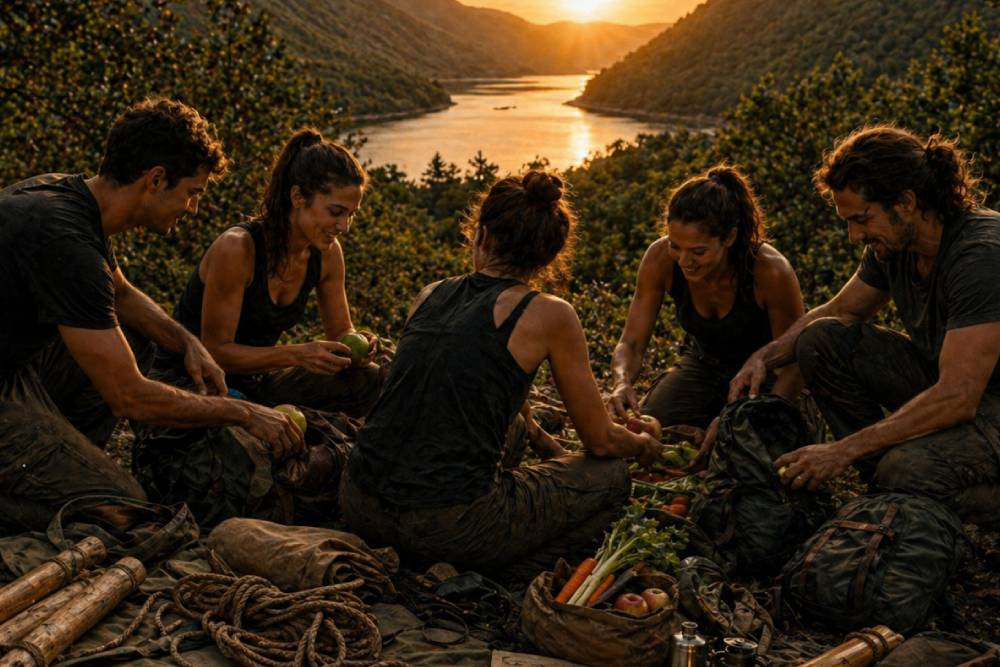 Gruppo di partecipanti ai Naufraghi che prepara cibo al tramonto sopra il lago