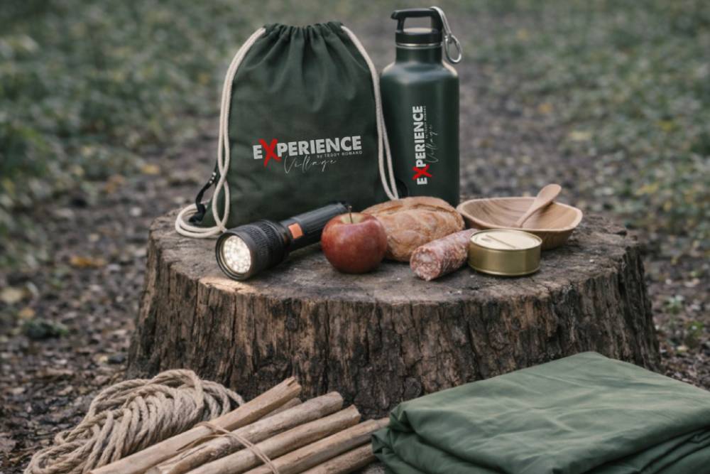 Kit di sopravvivenza dei Naufraghi su tronco d'albero: sacca, borraccia, torcia, cibo, tenda