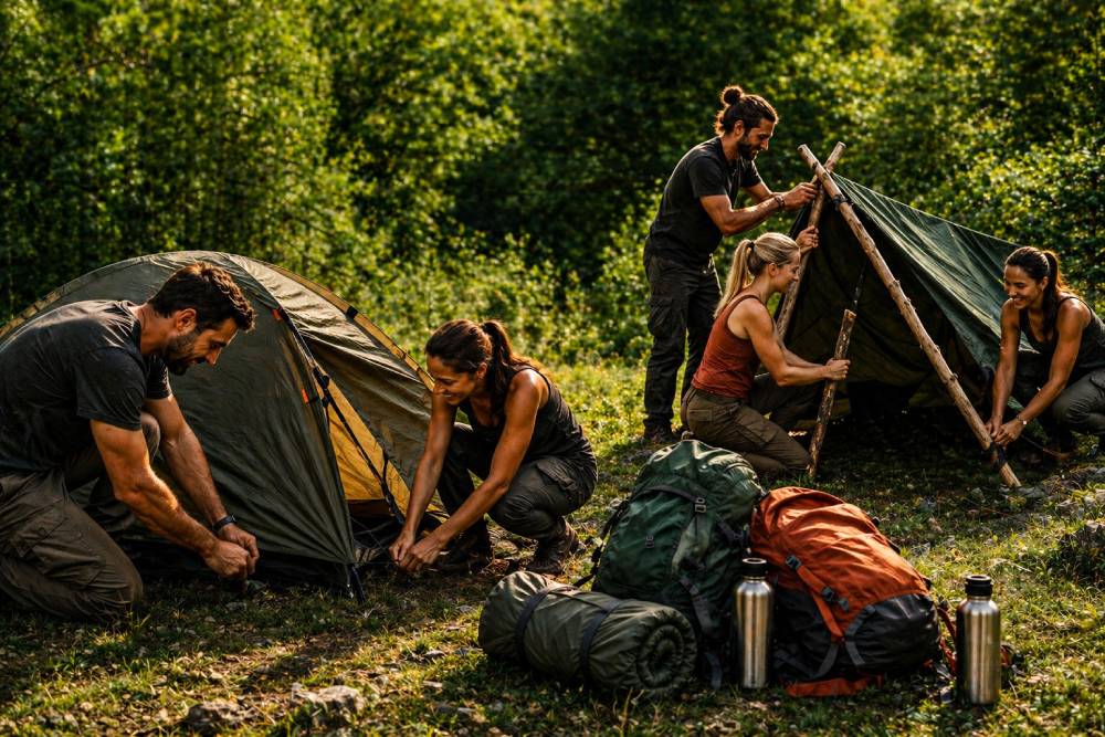Partecipanti dei Naufraghi che montano tende e costruiscono rifugi nella natura